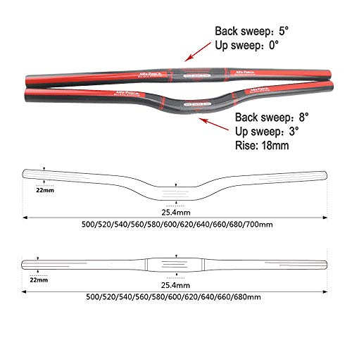 Alfa Pasca Manillar de Bicicleta de Carbono MTB Manillar Rojo Plano 3K Brillante 25,4 * 600mm Manillar de Bicicleta de montaña de Carbono