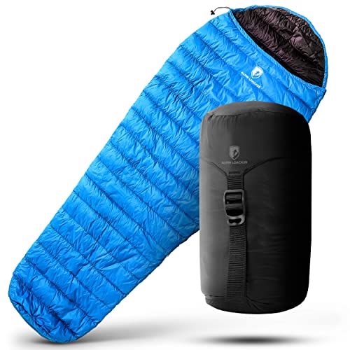 ALPIN LOACKER Saco de Dormir Ultraligero + Compacto + Impermeable, Aislante calentito | Bolsa de Dormir Momiacon Relleno de plumón, Verano y Primavera - Acampar, Vivac Alpinismo, Viaje, Mujer Hombre