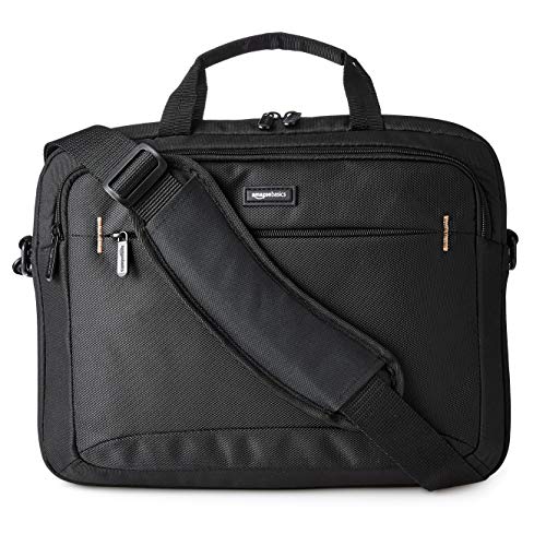 Amazon Basics - Maletín compacto para portátil con correa para el hombro y bolsillos para accesorios (14 pulgadas, 35,6 cm), negro, 1 unidad