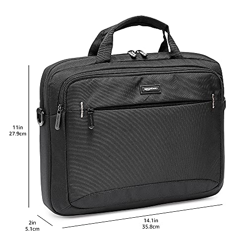 Amazon Basics - Maletín compacto para portátil con correa para el hombro y bolsillos para accesorios (14 pulgadas, 35,6 cm), negro, 1 unidad