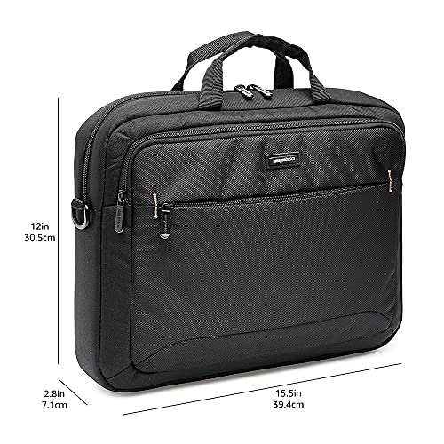 Amazon Basics - Maletín compacto para portátil con correa para el hombro y bolsillos para accesorios (15,6 pulgadas, 40 cm), negro, 1 unidad