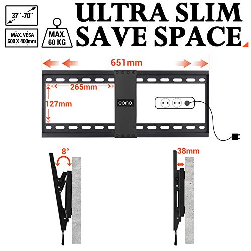 Amazon Brand - Eono Soporte TV Pared Inclinable, Soporte de Televisión para Muchos 37-70 Pulgadas LED, LCD, OLED y Plasma Televisores de hasta VESA 600x400mm y 60kg, con Tacos Fischer, PL2268-LK