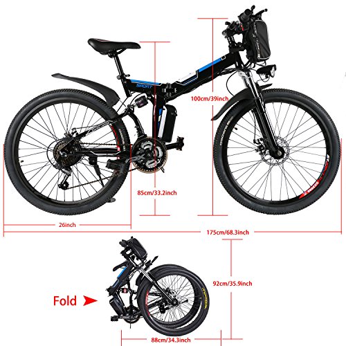 AMDirect Bicicleta de Montaña Eléctrica Bici Plegable Ebike con Rueda de 26 Pulgadas Batería de Litio de Gran Capacidad 36V 250W 21 Velocidades Suspensión Completa Premium y Engranaje Shimano (Negro)