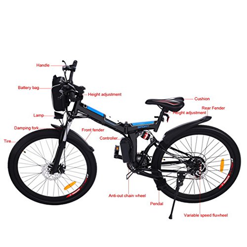 AMDirect Bicicleta de Montaña Eléctrica Bici Plegable Ebike con Rueda de 26 Pulgadas Batería de Litio de Gran Capacidad 36V 250W 21 Velocidades Suspensión Completa Premium y Engranaje Shimano (Negro)