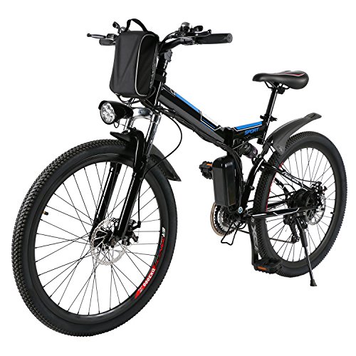AMDirect Bicicleta de Montaña Eléctrica Bici Plegable Ebike con Rueda de 26 Pulgadas Batería de Litio de Gran Capacidad 36V 250W 21 Velocidades Suspensión Completa Premium y Engranaje Shimano (Negro)