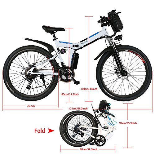 AMDirect - Bicicleta de montaña eléctrica plegable con rueda de 26 pulgadas, batería de iones de litio de gran capacidad (36 V, 250 W), Suspensión total de calidad y engranaje Shimano, color blanco