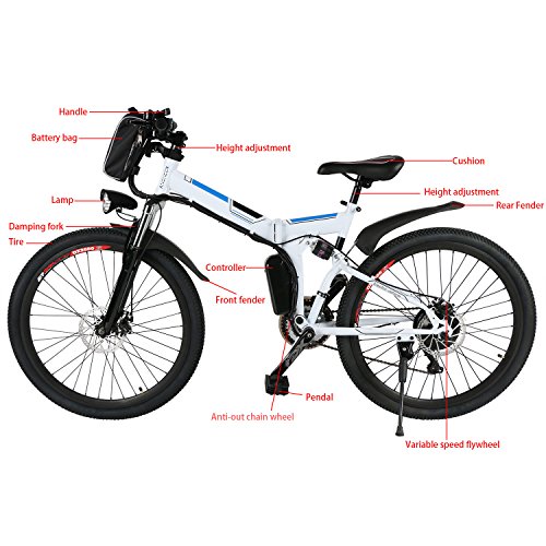 AMDirect - Bicicleta de montaña eléctrica plegable con rueda de 26 pulgadas, batería de iones de litio de gran capacidad (36 V, 250 W), Suspensión total de calidad y engranaje Shimano, color blanco