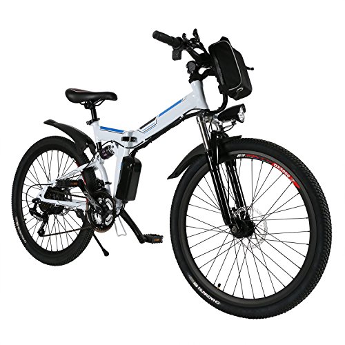 AMDirect - Bicicleta de montaña eléctrica plegable con rueda de 26 pulgadas, batería de iones de litio de gran capacidad (36 V, 250 W), Suspensión total de calidad y engranaje Shimano, color blanco