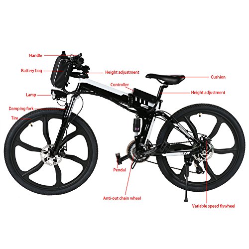 AMDirect Bicicleta Eléctrica de Montaña Plegable 26'' 36V 21 Velocidades Engranaje Shimano (Tipo2 Negro)