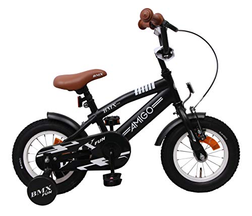 Amigo BMX Fun - Bicicleta Infantil de 16 Pulgadas - para niños de 4 a 6 años - con V-Brake, Freno de Retroceso, Timbre y ruedines - Negro Mate