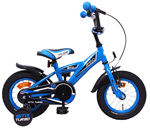 Amigo BMX Turbo - Bicicleta Infantil de 12 Pulgadas - para niños de 3 a 4 años - con V-Brake, Freno de Retroceso, Timbre y ruedines - Azul