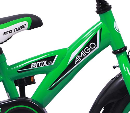 Amigo BMX Turbo - Bicicleta Infantil de 12 Pulgadas - para niños de 3 a 4 años - con V-Brake, Freno de Retroceso, Timbre y ruedines - Verde