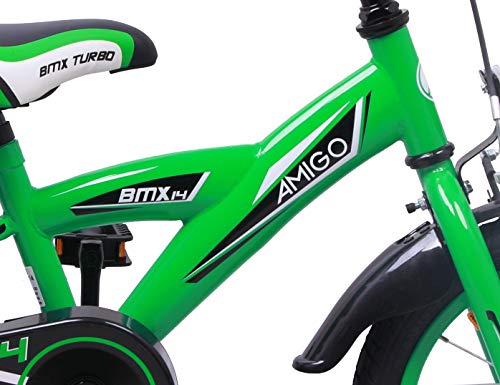 Amigo BMX Turbo - Bicicleta Infantil de 14 Pulgadas - para niños de 3 a 4 años - con V-Brake, Freno de Retroceso, Timbre y ruedines - Verde