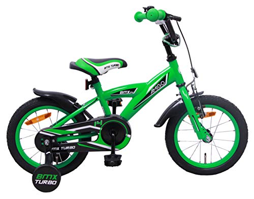 Amigo BMX Turbo - Bicicleta Infantil de 14 Pulgadas - para niños de 3 a 4 años - con V-Brake, Freno de Retroceso, Timbre y ruedines - Verde