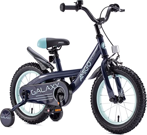 Amigo Galaxy - Bicicleta infantil para niño, 16 pulgadas, con freno de mano, contrapedal, portaequipajes delantero, manillar acolchado y ruedas de apoyo, para niños a partir de 4 años, color azul