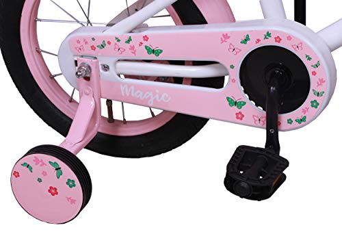Amigo Magic - Bicicleta Infantil de 14 Pulgadas - para niñas de 3 a 4 años - con V-Brake, Freno de Retroceso, Cesta, Asiento para muñecas, Timbre y ruedines - Blanco