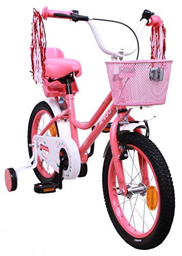 Amigo Magic - Bicicleta Infantil de 16 Pulgadas - para niñas 4 a 6 años - con V-Brake, Freno de Retroceso, Cesta, Asiento para muñecas, Timbre y ruedines - Rosa