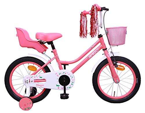 Amigo Magic - Bicicleta Infantil de 16 Pulgadas - para niñas 4 a 6 años - con V-Brake, Freno de Retroceso, Cesta, Asiento para muñecas, Timbre y ruedines - Rosa