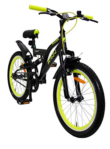 Amigo Racer - Bicicleta de montaña para niños y niñas de 20 pulgadas, apta a partir de 115 cm, suspensión completa, con freno de mano y soporte para bicicleta, color negro y amarillo