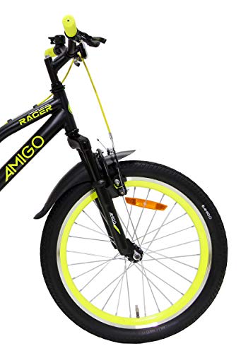 Amigo Racer - Bicicleta de montaña para niños y niñas de 20 pulgadas, apta a partir de 115 cm, suspensión completa, con freno de mano y soporte para bicicleta, color negro y amarillo