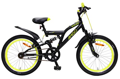 Amigo Racer - Bicicleta de montaña para niños y niñas de 20 pulgadas, apta a partir de 115 cm, suspensión completa, con freno de mano y soporte para bicicleta, color negro y amarillo