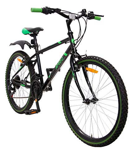 Amigo Rock - Bicicleta de montaña para niños y niñas - 24 pulgadas - Shimano 18 velocidades - apto a partir de 135 cm - con freno de mano, freno de disco y soporte - negro/verde