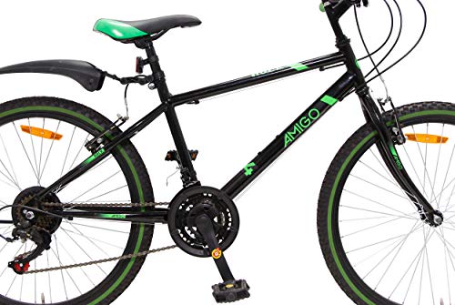 Amigo Rock - Bicicleta de montaña para niños y niñas - 24 pulgadas - Shimano 18 velocidades - apto a partir de 135 cm - con freno de mano, freno de disco y soporte - negro/verde