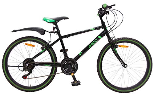 Amigo Rock - Bicicleta de montaña para niños y niñas - 24 pulgadas - Shimano 18 velocidades - apto a partir de 135 cm - con freno de mano, freno de disco y soporte - negro/verde