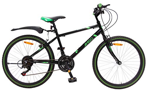 Amigo Rock - Bicicleta de montaña para niños y niñas - 26 pulgadas - Shimano 18 velocidades - adecuado a partir de 150 cm - con freno de mano, freno de disco y soporte - negro/verde