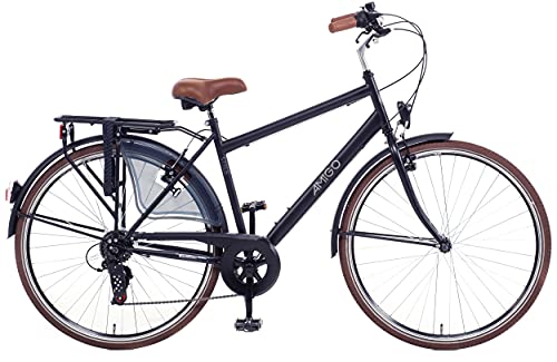 Amigo Style - Bicicleta de Cuidad de 28 Pulgadas para Hombres - Adecuada para Alguien a Partir de 170-175 cm - Engrenaje Shimano Nexus con 6 velocidades - con V-Brakes, iluminación y estándar - Negro