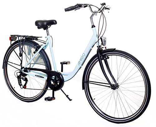 Amigo Style - Bicicleta de Cuidad de 28 Pulgadas para Mujeres - Adecuada para Alguien a Partir de 180-185 cm - Engrenaje Shimano Nexus con 6 velocidades - con V-Brakes, iluminación y estándar - Azul