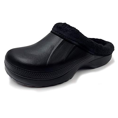 AMOJI Zuecos Forrados de Invierno Zapatos de jardín de Piel Forro Polar Forro de Ferry Zapatillas Calzado para el hogar Habitación Forro difuso Hombres Mujeres Negro 1534 Talla 40 EU