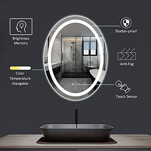 Amorho Espejos de baño con led Ovalado 50x70cm Espejos de baño led Iluminado Pared Interruptor Táctil, antiniebla, IP44, Impermeable 3 Temperatura de Color Ajustable