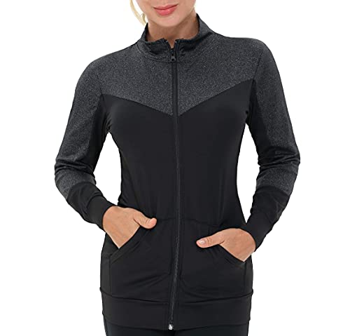 AMZSPORT Chaqueta Deportiva Mujer, Sudaderas de Running Ligeras con Bolsillos Negro L