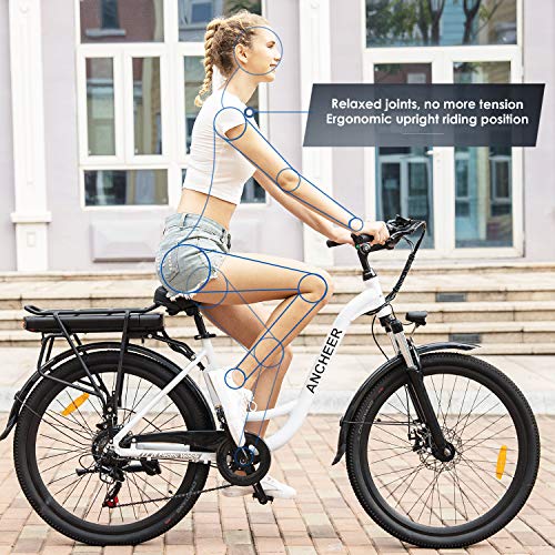 ANCHEER Bicicleta Eléctrica 26", Ebike de Ciudad con 12.5Ah Batería Extraíble Frenos de Doble Disco 35 Millas de Alcance (Blanco)