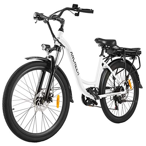 ANCHEER Bicicleta Eléctrica 26", Ebike de Ciudad con 12.5Ah Batería Extraíble Frenos de Doble Disco 35 Millas de Alcance (Blanco)