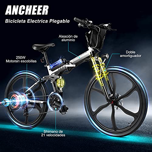 ANCHEER Bicicleta Electrica 36V 8Ah, Bicicleta Eléctrica Plegable de 26 Pulgadas, Motor 250W Batería de Litio Extraíble, Shimano 21 Velocidades (26" Deporte Negro)