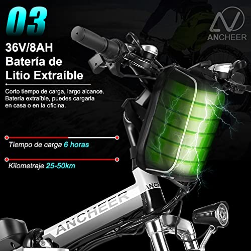 ANCHEER Bicicleta Electrica 36V 8Ah, Bicicleta Eléctrica Plegable de 26 Pulgadas, Motor 250W Batería de Litio Extraíble, Shimano 21 Velocidades (26" Deporte Negro)