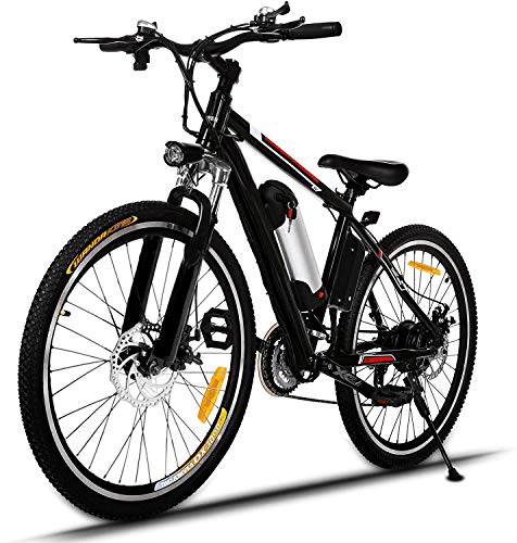 ANCHEER Bicicleta Eléctrica de Montaña, E-Bike 26 Pulgadas, Batería de Litio 250W 36V Desmontable, Sistema de Transmisión de 21 Velocidades, con Linterna (Negro)