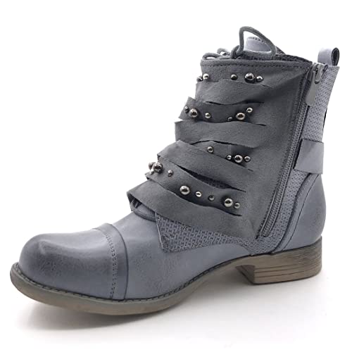 Angkorly - Zapatillas Moda Botines Biker Caballero Cubierta Mujer Tachonado líneas Bloque 2.5 CM - Gris Azul 2 F1611 T 37