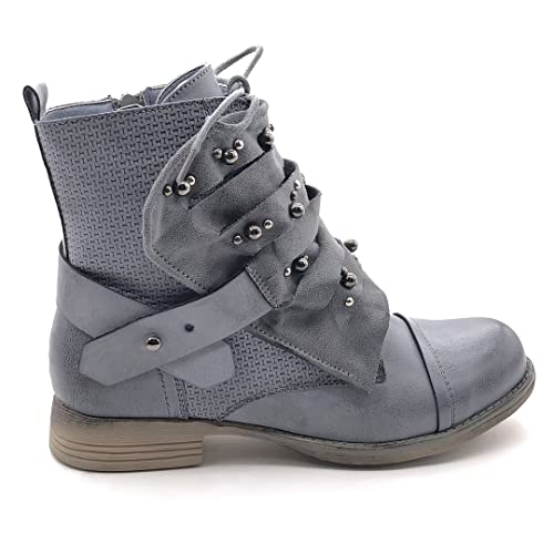 Angkorly - Zapatillas Moda Botines Biker Caballero Cubierta Mujer Tachonado líneas Bloque 2.5 CM - Gris Azul 2 F1611 T 37