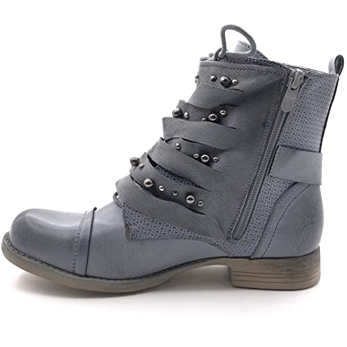 Angkorly - Zapatillas Moda Botines Biker Caballero Cubierta Mujer Tachonado líneas Bloque 2.5 CM - Gris Azul 2 F1611 T 37