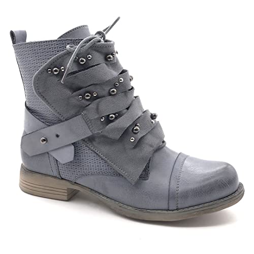 Angkorly - Zapatillas Moda Botines Biker Caballero Cubierta Mujer Tachonado líneas Bloque 2.5 CM - Gris Azul 2 F1611 T 37