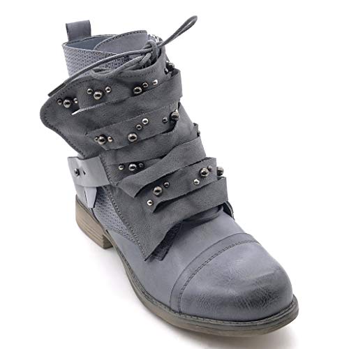 Angkorly - Zapatillas Moda Botines Biker Caballero Cubierta Mujer Tachonado líneas Bloque 2.5 CM - Gris Azul 2 F1611 T 37