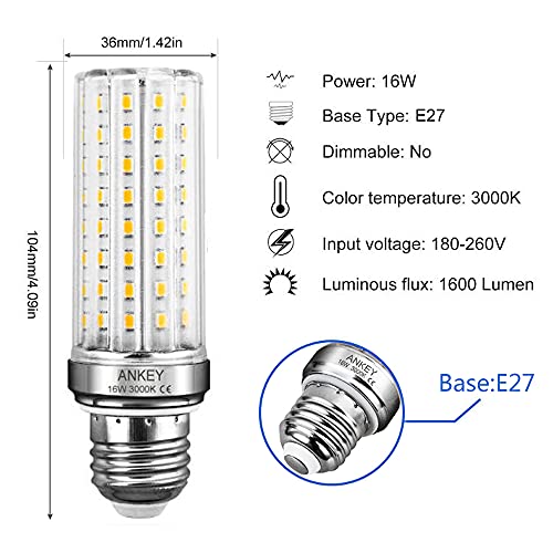 Ankey Bombillas LED 16W E27, Equivalentes a incandescentes de 120W, Blanco Cálido 3000K 1600LM, No Regulables, Bombillas de maíz E27, Paquete de 4