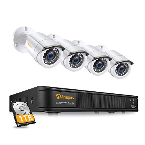 Anlapus 1080P Sistema de Seguridad 8 Canales H.265+ Grabador DVR con 4 CCTV Cámaras de Vigilancia Exterior, 1TB Disco Duro, IR Visión Nocturna