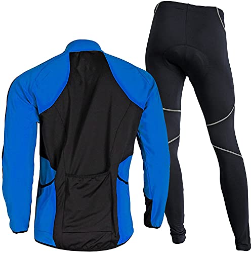 Antrect Maillot de ciclismo para hombre, de manga larga, forro polar, camiseta de carreras, ropa de ciclismo para hombre, resistente al viento, transpirable, con almohadilla de asiento 3D, azul, XL