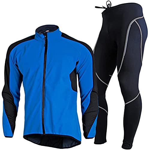 Antrect Maillot de ciclismo para hombre, de manga larga, forro polar, camiseta de carreras, ropa de ciclismo para hombre, resistente al viento, transpirable, con almohadilla de asiento 3D, azul, XL