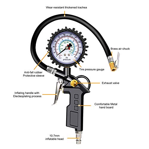Anykuu Manómetro Presión Neumáticos 220PSI Manómetro Digital Manómetro de Alta Precisión para Neumáticos con Manguera y Válvula de Escape Utilizado para Bicicletas y Motocicletas Coche