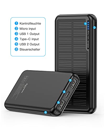 Anyzoo Power Bank Solar 20000 mAh, Batería Externa Solar con 2 Salidas USB y Entrada USB-C Micro USB, para Camping, batería Externa para iPhone, Samsung, Huawei, tabletas, Smartphones